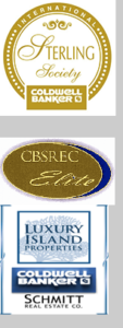 Three logo's, Sterling society coldwell banker, Coldwell Banker Schmitt Real Estate Club "elite", and Luxury Island Properties Etc.